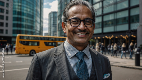 Elegante uomo d'affari di origini indiane di mezza età che lavora nel distretto finanziario di Londra sorridente prima di iniziare la giornata di lavoro photo