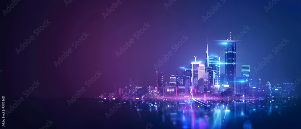 Abstract blue background with glowing cityscapes at night