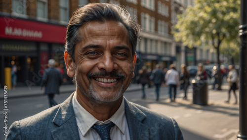 Elegante uomo d'affari di origini indiane di mezza età che lavora nel distretto finanziario di Londra sorridente prima di iniziare la giornata di lavoro photo