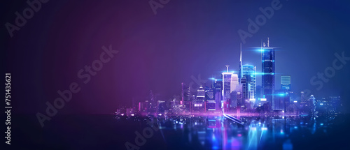 Abstract blue background with glowing cityscapes at night
