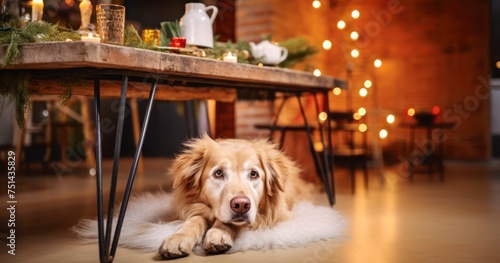 A Delightful Dog Takes Respite Under a Table in a New Year Decorated Room