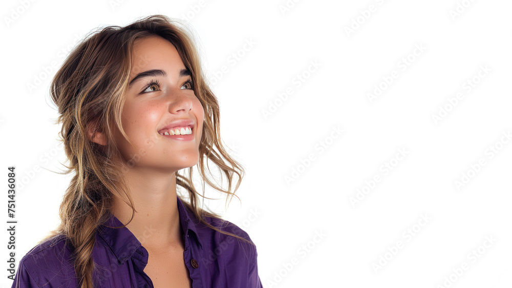 Caucasian woman wearing purple shirt smile looking up isolated on gray Caucasian woman wearing purple shirt smile looking up isolated on gray