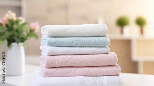 Neatly Stacked Spa Towels Set on a White Table in a Tranquil Bathroom Setting