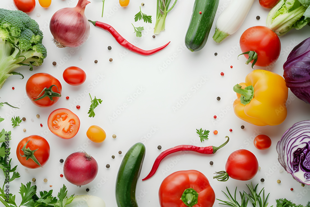 Frame with fresh vegetables on white background. Organic raw salad ingredients. Flat lay, copyspace, top view Frame with fresh vegetables on white background. Organic raw salad ingredients. Flat lay, copyspace, top view