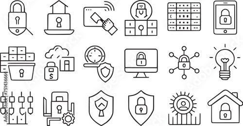 Various types of security include guards, cyber security, passwords, smart homes, safety, data protection, keys, shields, locks, unlock, and eye access. Vector illustration (19)
