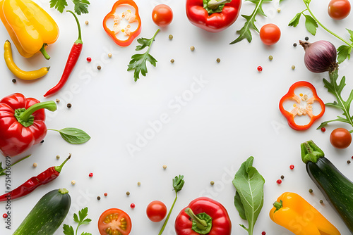 Frame with fresh vegetables on white background. Organic raw salad ingredients. Flat lay, copyspace, top view