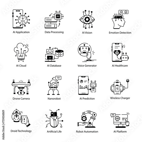 Bundle of AI Technology Linear Icons 

