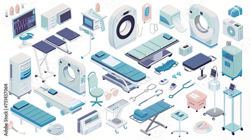 Medical Equipment Inventory: An illustration showcasing an inventory of medical equipment, introducing various tools used in healthcare services, from MRI machines to patient beds