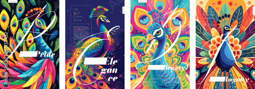 Artistic poster set. Abstract graphic peacock spread colorful tail creative placard. Bright exotic tropical bird feathers design art modern drawing exhibition and fashion print. Trendy artwork concept