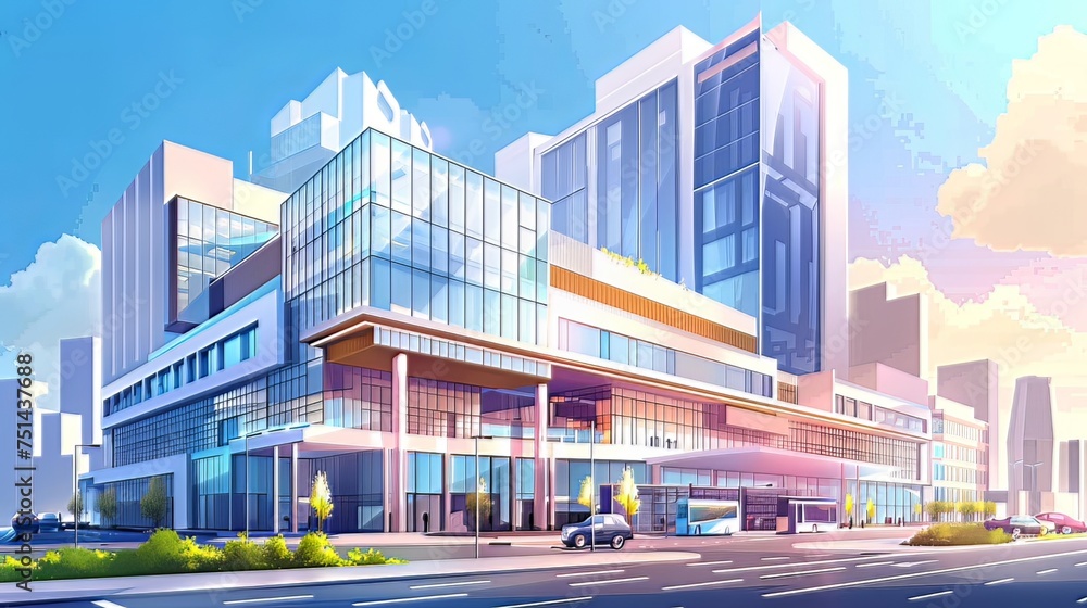 Modern Hospital Structure: An illustration of a modern hospital building located in the heart of the city, equipped with advanced medical devices, representing a healthcare center that provides 
