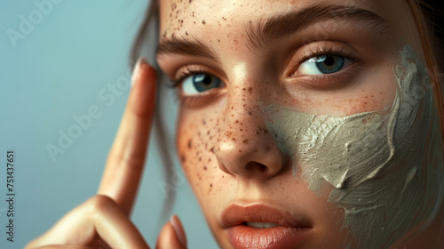 beautiful female model , applying natural clay mask to problem skin and reducing dryness