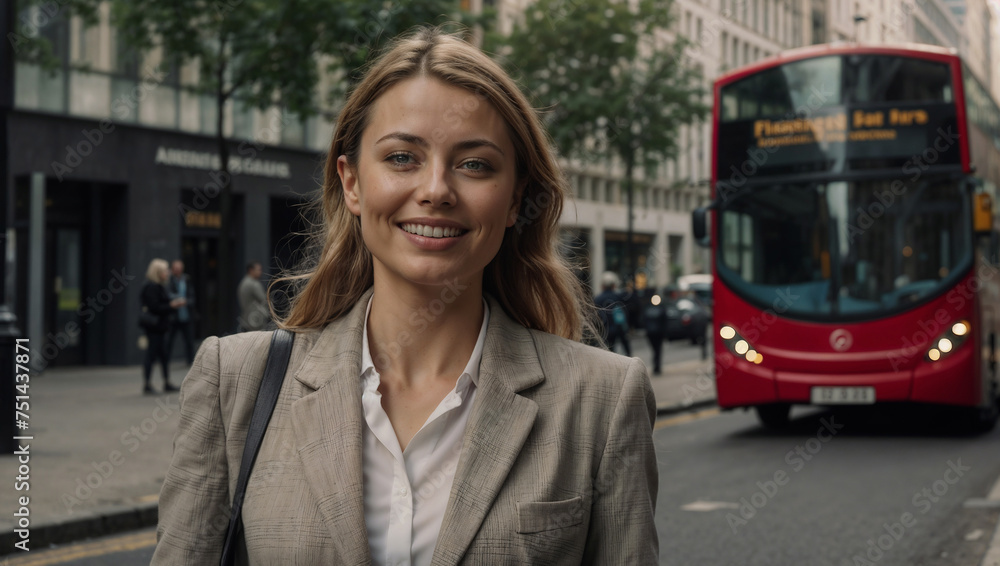 Elegante donna d'affari che lavora nel distretto finanziario di Londra sorridente prima di iniziare la giornata di lavoro Elegante donna d'affari che lavora nel distretto finanziario di Londra sorridente prima di iniziare la giornata di lavoro