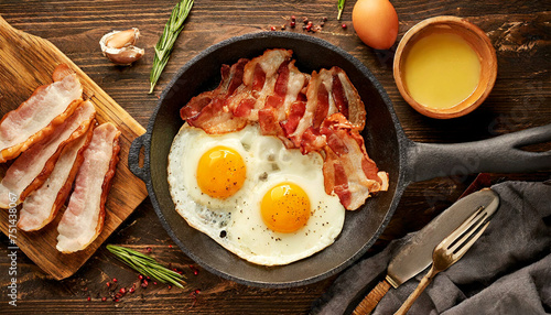 Close-up of two fried eggs and slices of bacon in a black skillet with a metal handle, on a wooden table with fork and knife, top view. Generative Ai.