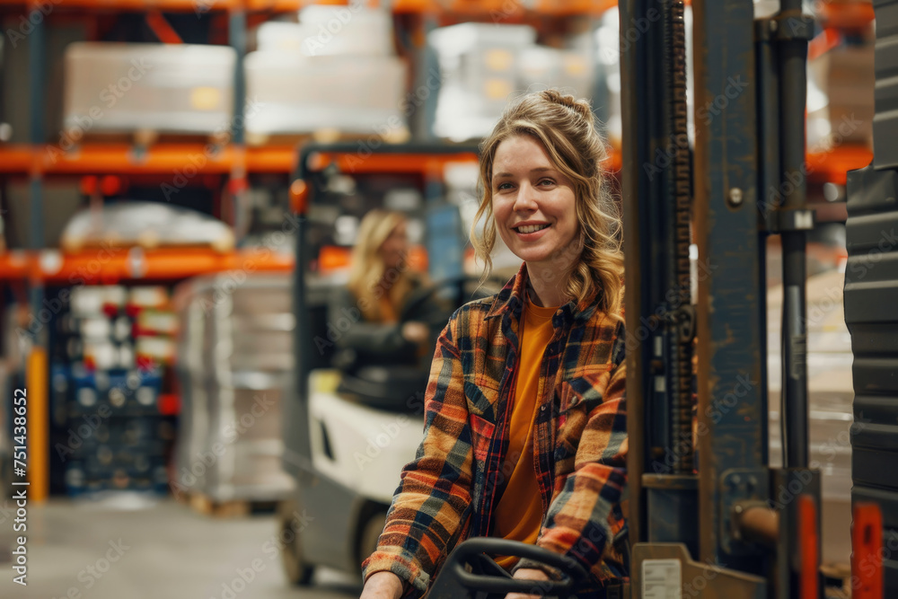 Happy female warehouse worker driving pallet jack