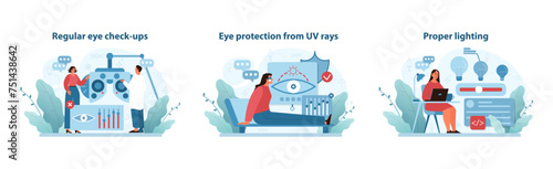 Eye Care Routine Vector Trio. Illustrations depict regular eye check-ups, UV ray protection.