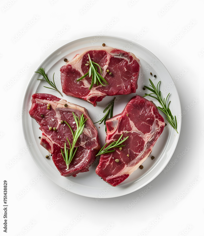 Fresh beef steaks top view on white plate isolated on white background Fresh beef steaks top view on white plate isolated on white background