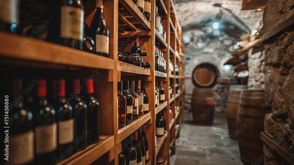 Photo of wine cellar with bottles of wine on shelves Photo of wine cellar with bottles of wine on shelves