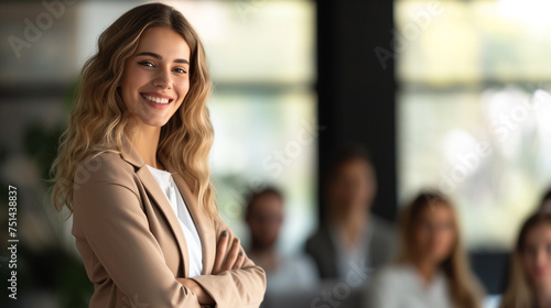 Free Download Confident businesswoman presenting an Easter-themed presentation, captivating her audience with a charismatic smile - GFXLoad