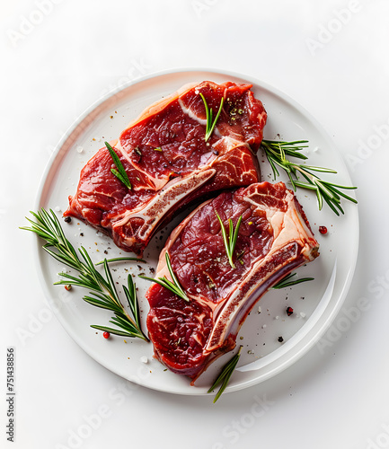 Fresh beef steaks top view on white plate isolated on white background 