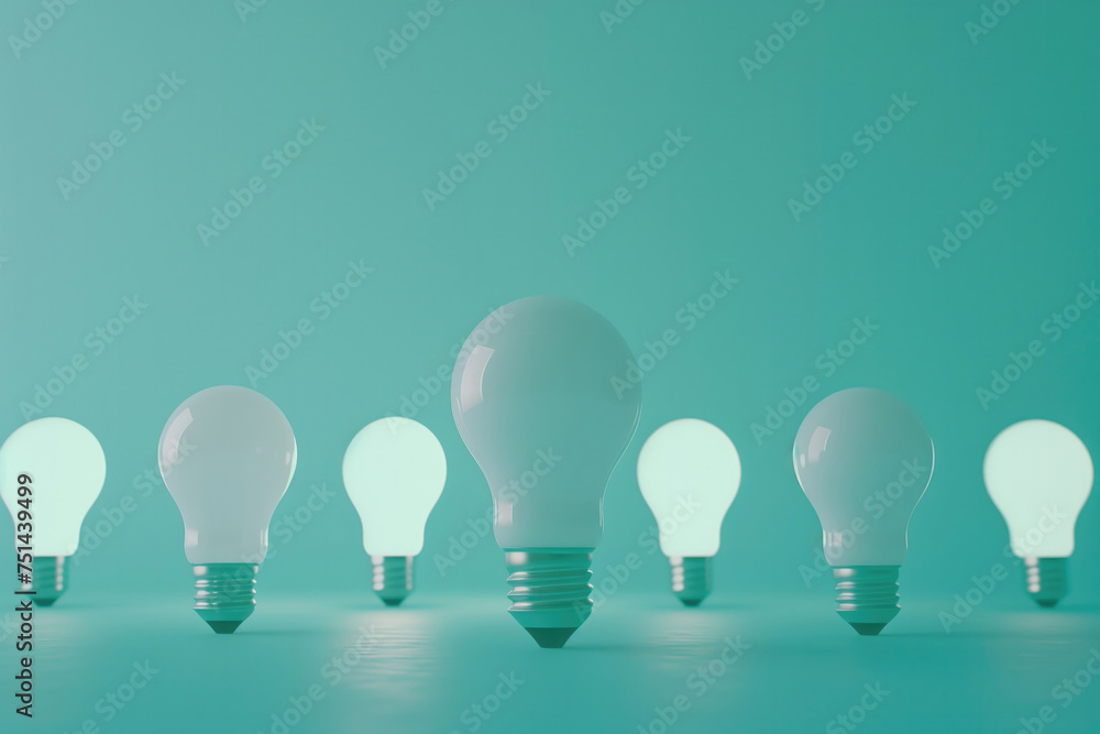 A line of varying sizes of light bulbs on a teal background, suitable for concepts on leadership, teamwork, idea progression, fitting for energy solutions, growth in technology, and power consumption A line of varying sizes of light bulbs on a teal background, suitable for concepts on leadership, teamwork, idea progression, fitting for energy solutions, growth in technology, and power consumption
