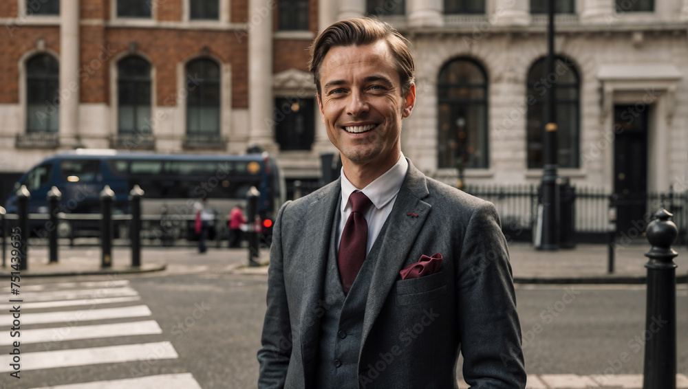 Elegante uomo d'affari che lavora nel distretto finanziario di Londra sorridente prima di iniziare la giornata di lavoro Elegante uomo d'affari che lavora nel distretto finanziario di Londra sorridente prima di iniziare la giornata di lavoro