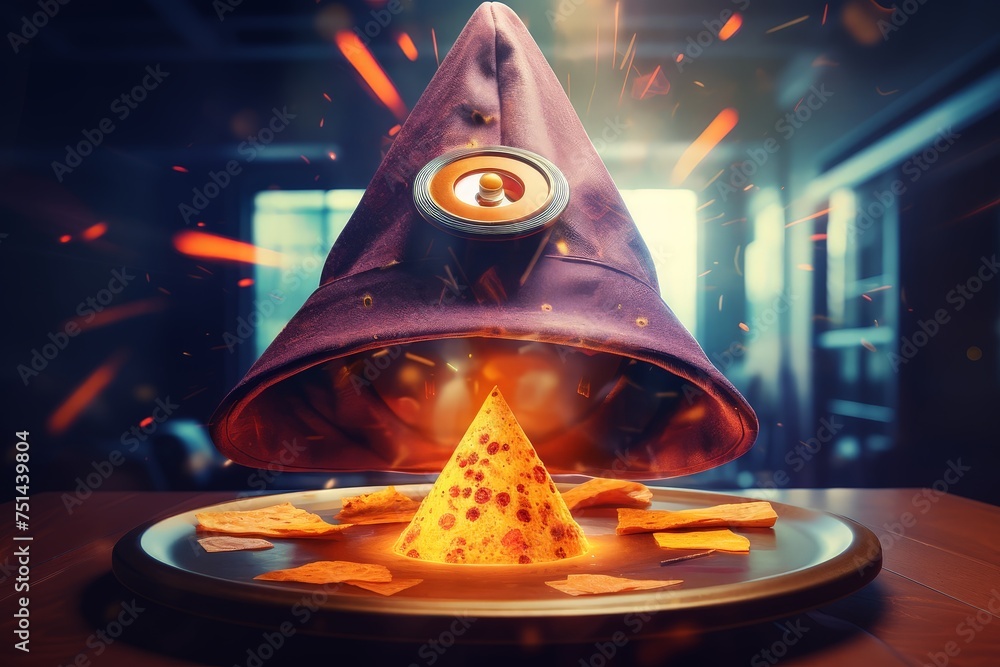 Wizards Hat Pizza with CloseUp Shot and High Camera Angle Double exposure blend mode Bad side - obrazy, fototapety, plakaty 