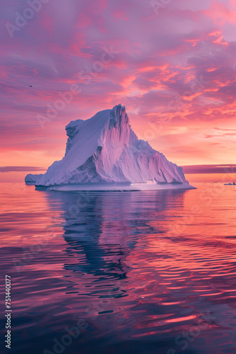 A giant iceberg on the sea during sunset