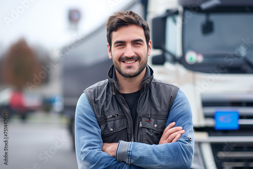 Friendly Truck Driver Posing by White Lorry