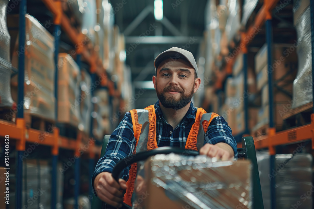 Happy male warehouse worker driving pallet jack