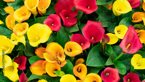 Yellow, red and orange calla lilies close-up view from above. A variety of calla lilies with variegated leaves. Floral background with copy space. Inflorescences of calla lilies close up.