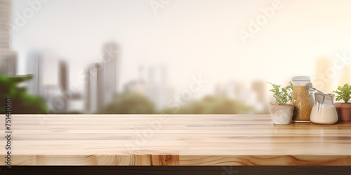 Wood table with blurred modern apartment interior background Empty wooden tabletop with blurred living room background