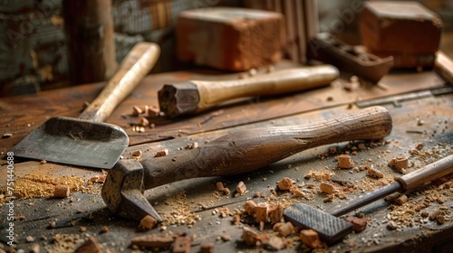 a lifestyle stock photography of Old, worn mason's tools on a wooden table: trowel, hammer, level, chisel. Rustic workshop background, wood shavings, brick pieces. 