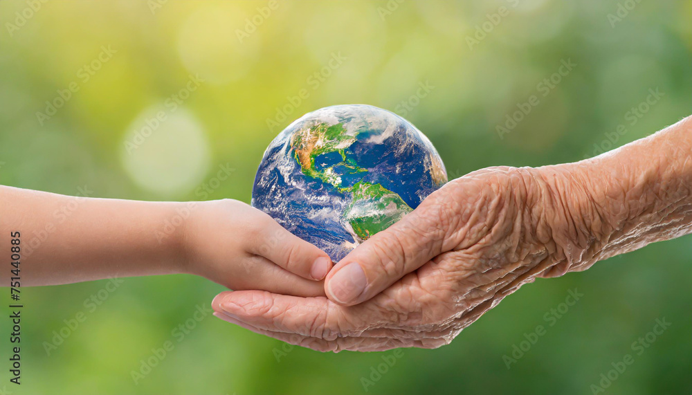 Close up of senior hands giving small planet earth to a child over defocused green background with copy space Close up of senior hands giving small planet earth to a child over defocused green background with copy space