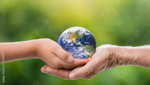 Close up of senior hands giving small planet earth to a child over defocused green background with copy space