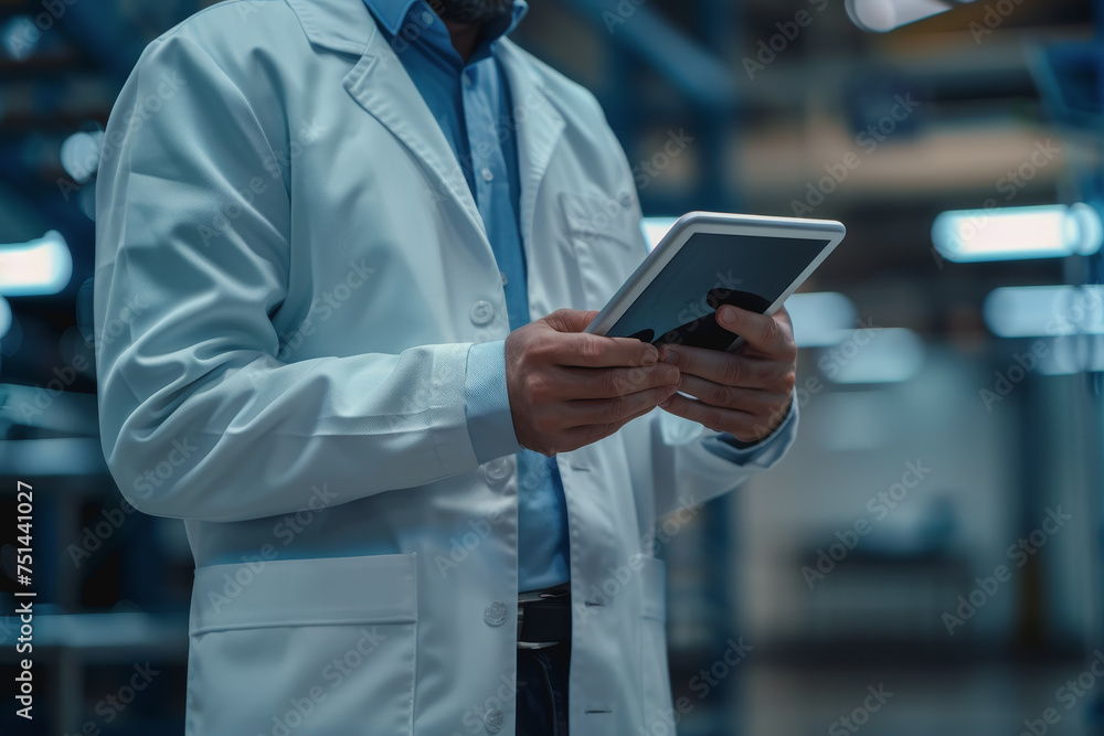 An engineer uses a digital tablet to control a robotic arm in a high-tech industrial environment. An engineer uses a digital tablet to control a robotic arm in a high-tech industrial environment.