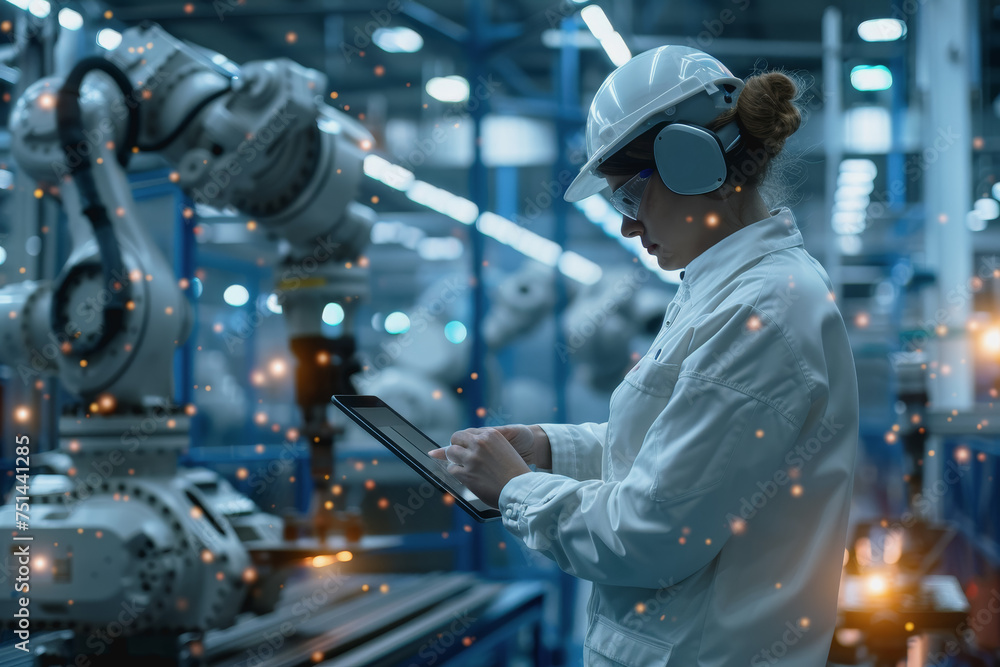 An engineer uses a digital tablet to control a robotic arm in a high-tech industrial environment. An engineer uses a digital tablet to control a robotic arm in a high-tech industrial environment.