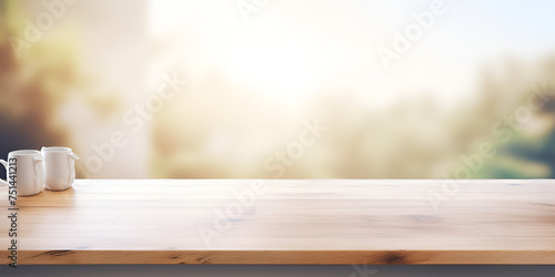 Empty beautiful wood table top counter and blur bokeh modern kitchen interior background in clean and brightBanner Ready for product montage