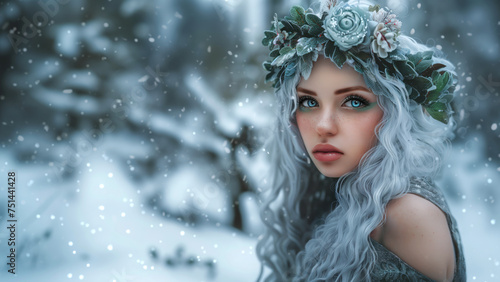 A portrait of a woman wearing a wreath, winter landscape, embodying the spirit of a winter goddess, place for copy space
