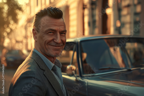 Close shot of a 45 year old eastern-european man in shirt and a blazer smiling standing next to a car, hyper-realistic, day light, city in the background © Natali