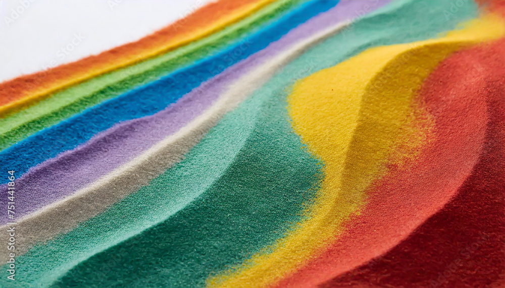 Close up of stripes of rainbow coloured sand and copy space on white background Close up of stripes of rainbow coloured sand and copy space on white background