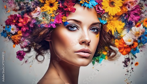 abstract portrait of a woman with flowers, pretty woman portrait, colored abstract portrait of woman © Gegham