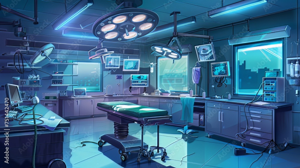Surgical Room Details: A detailed illustration of a surgical room, shedding light on the precise equipment used in surgical procedures and showcasing the coordination of surgical staff during medical Surgical Room Details: A detailed illustration of a surgical room, shedding light on the precise equipment used in surgical procedures and showcasing the coordination of surgical staff during medical