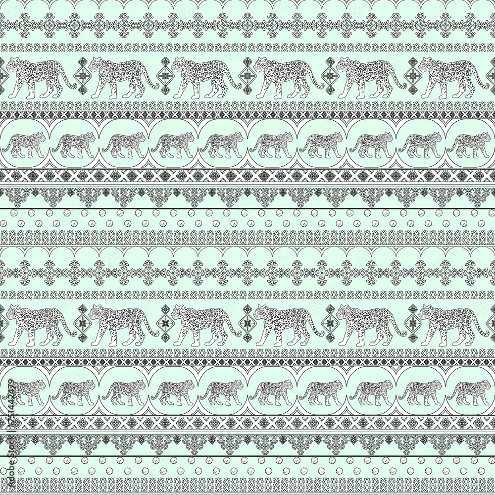 Tiger Leopard animal black outline seamless border pattern with ornate Indian ethnic tribal ornaments folklore on a blue background. Tiger Leopard animal black outline seamless border pattern with ornate Indian ethnic tribal ornaments folklore on a blue background.