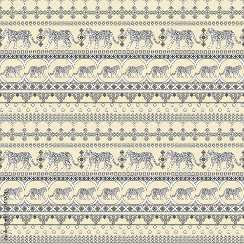 Tiger Leopard animal black outline seamless border pattern with ornate Indian ethnic tribal ornaments folklore on a cream background.