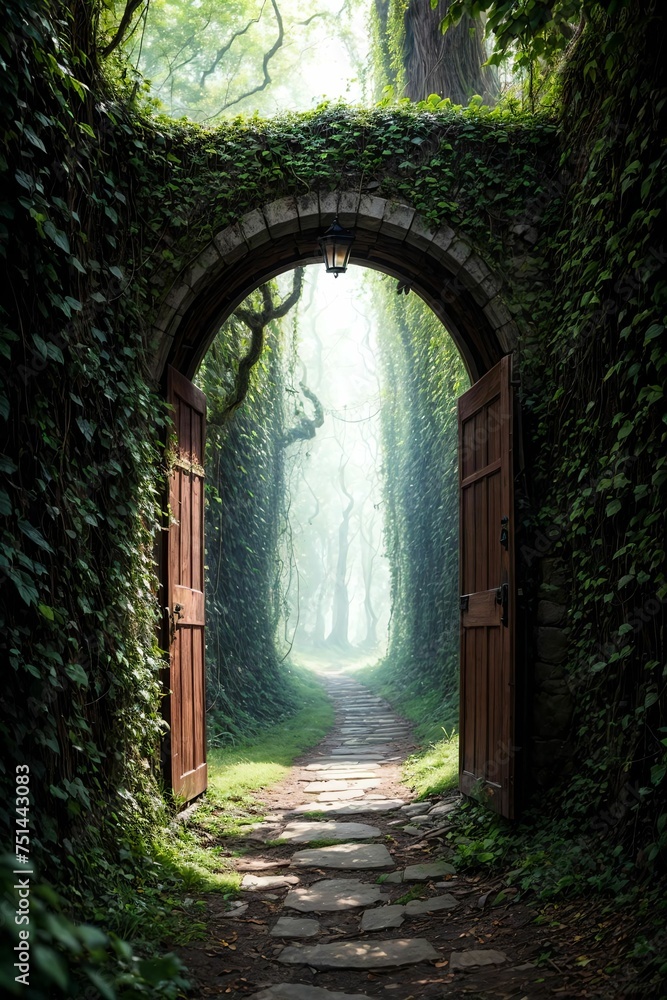 Fototapeta premium 3d rendering of a fantasy doorway portal framed by green vines leading into a idyllic garden. Generative A