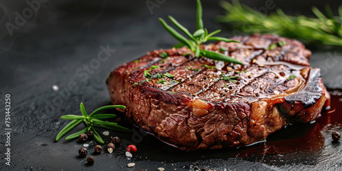 closeup juicy beef steak with rosemary on wooden surface. appetizing grilled beef with copy space, fried meat restaurant concept