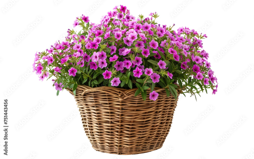 Phlox Nestled in Scalloped Rattan Planter isolated on transparent Background