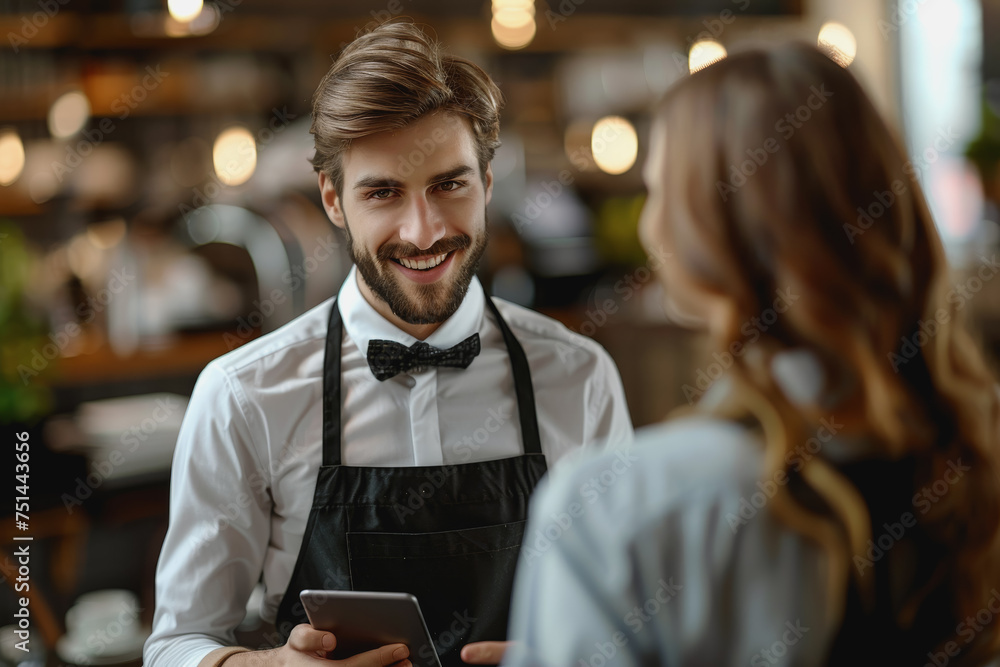 Fototapeta premium Happy waiter holding a tablet with a woman while taking her order in a cafe. AI Generated