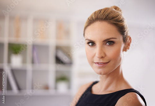 Business woman, portrait and smile in office with creative worker and designer employee at startup. Staff, confidence and workplace with professional art director ready for working and job at agency