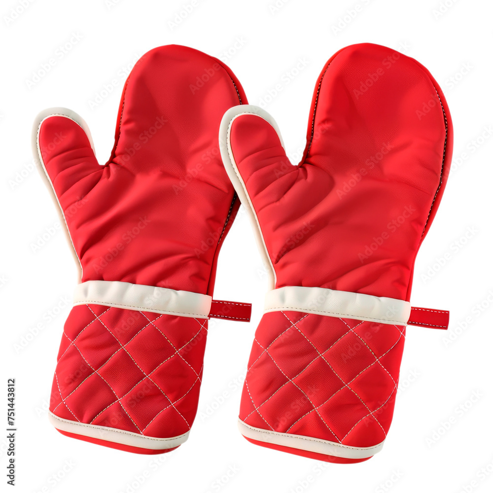 Pair of Red Quilted Oven Mitts, Transparent Background, Cut Out